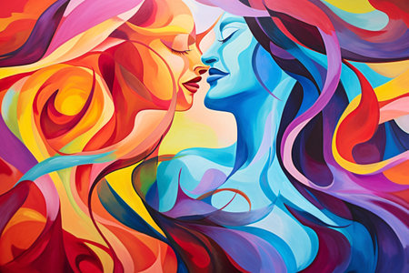 Beautiful girl with long hair and colorful abstract background. Vector illustration.の素材