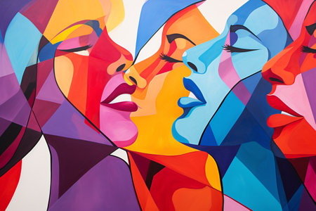 Portrait of two beautiful women. Multicolored abstract background.の素材