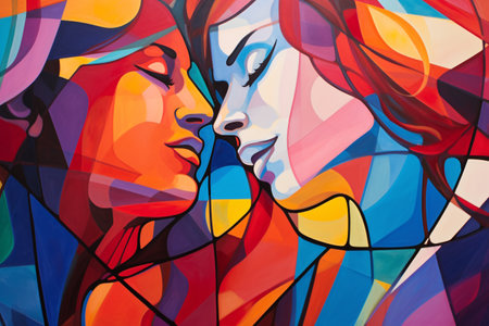 Colorful abstract painting of a woman's face in stained glass.の素材