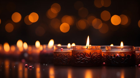 Burning candles on dark background with bokeh effect, closeupの素材