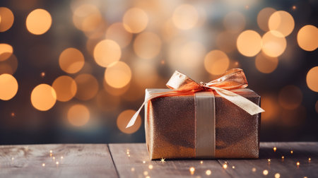 Gift box on a wooden table with bokeh background.の素材