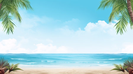 Tropical beach with palm trees and blue sky background. 3d renderingの素材