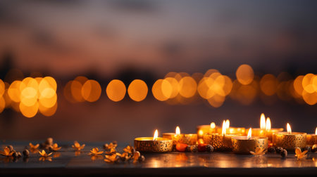 Burning candles on blurred background, closeup. Space for textの素材