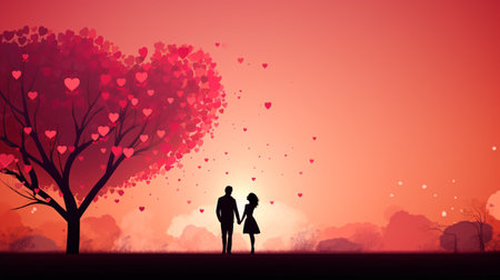 Valentine's day background with man and woman in love treeの素材
