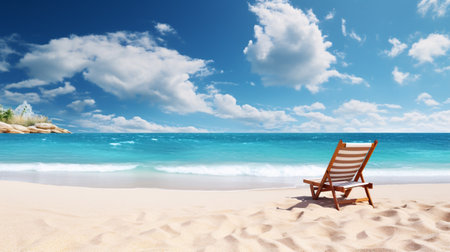 Wooden deck chair on a tropical beach with turquoise waterの素材