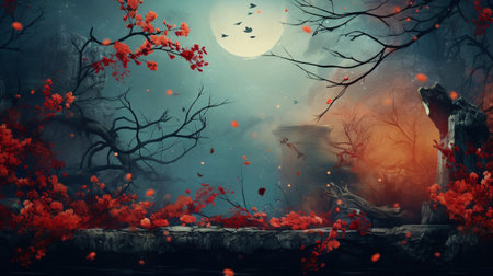 Fantasy landscape with red tree, full moon and flying bats.の素材