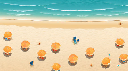 Top view of a beach with umbrellas and sunbeds.の素材