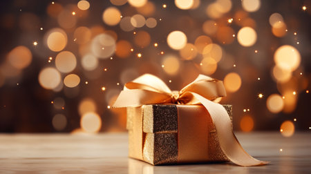 Gift box with golden bow on bokeh background, closeupの素材