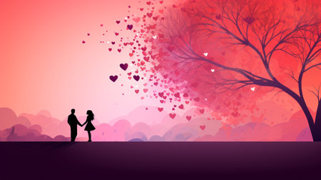 Valentine's day background with love tree and couple silhouettesの素材