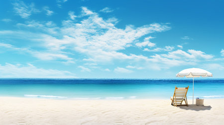 Beach chair and umbrella on white sand beach. 3d renderingの素材