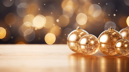 Golden christmas baubles on wooden table with bokeh backgroundの素材