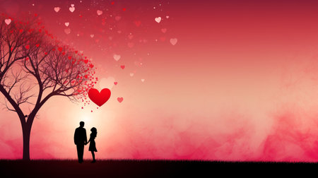 Valentine's day background with couple silhouette and heart tree.の素材