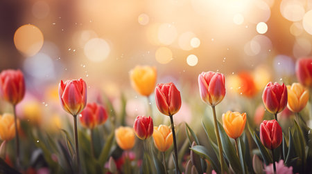 Tulip flowers blooming in the garden with bokeh background.の素材