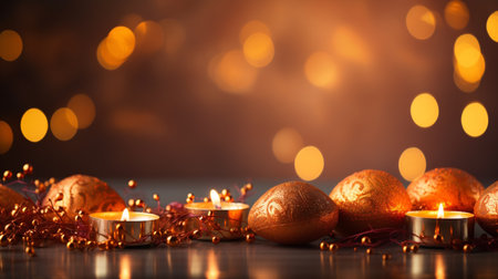 Christmas and New Year decoration with burning candles on bokeh backgroundの素材