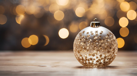 Christmas bauble on wooden table with golden bokeh background.の素材