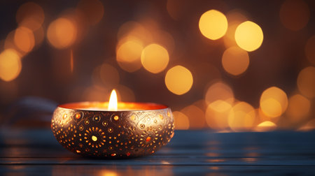 Burning candle on wooden table against blurred festive lights. Space for textの素材
