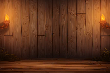 Wooden wall with burning candle in the room. Vector illustration.の素材