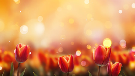 Beautiful tulip flowers with bokeh lights. Spring nature backgroundの素材
