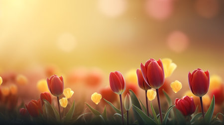 Beautiful tulips field with bokeh background. Spring landscape.の素材