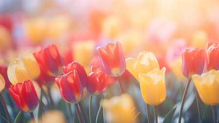 Colorful tulip flowers blooming in the garden with sunlight backgroundの素材