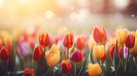 Colorful tulip flowers blooming in the garden. Spring backgroundの素材