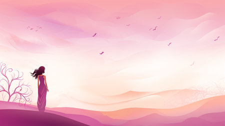 Vector illustration of a woman in a long dress on the background of a mountain landscape.の素材