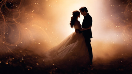 Wedding couple dancing in the dark with smoke and golden lightの素材