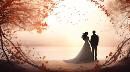 Silhouette of the bride and groom on the background of autumn landscapeの素材