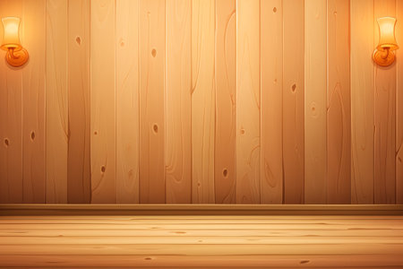 Wooden wall with light bulbs and wooden floor.の素材