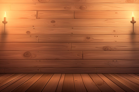 Wooden wall with wooden floor and glowing lamp. Vector illustration.の素材