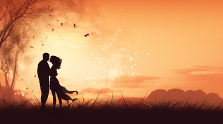 Silhouette of romantic couple kissing in the meadow at sunsetの素材