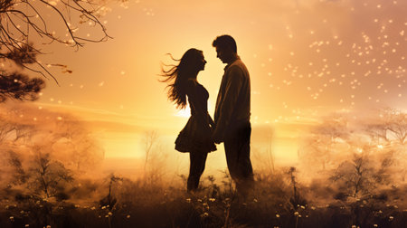 Silhouette of romantic couple in love on sunset background. Love and romance concept.の素材