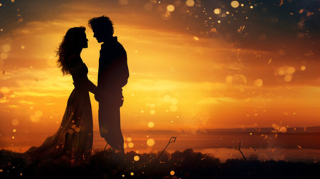 Silhouette of romantic couple in love at sunset. Love conceptの素材