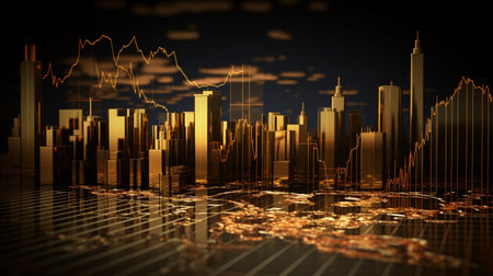 Financial graph on the background of the city. 3d rendering.の素材