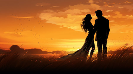 Silhouette of romantic couple on sunset background. Love concept.の素材