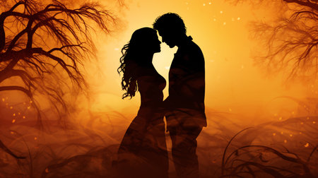 Silhouette of romantic couple in love against orange background with vignetteの素材