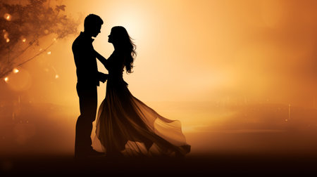 Silhouette of young couple dancing in the night,illustrationの素材