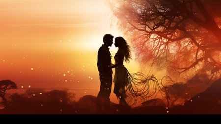 Silhouette of a loving couple in love on a sunset backgroundの素材