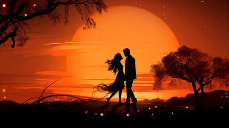 Silhouette of a romantic couple on a background of an orange sunsetの素材