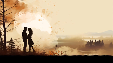 Silhouette of a romantic couple in love against misty landscapeの素材