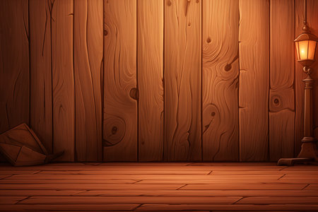 Wooden room with lamp and paper boat. 3D rendering.の素材