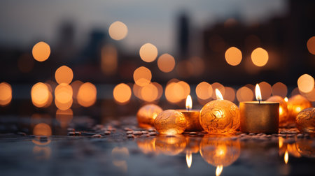 Burning candles on the background of the city. Selective focus.の素材