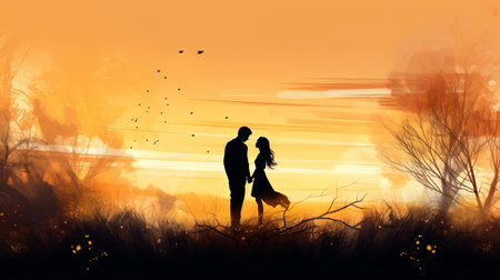 Silhouette of a loving couple on a background of the sunsetの素材