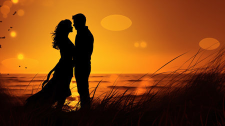 Couple in love on the beach at sunset. Silhouetteの素材