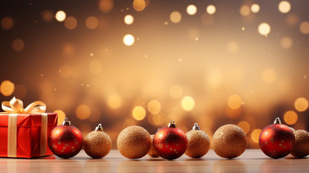 Christmas background with Christmas balls and gift box on bokeh backgroundの素材