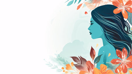 Beautiful young woman face with flowers and leaves. Vector illustration.の素材