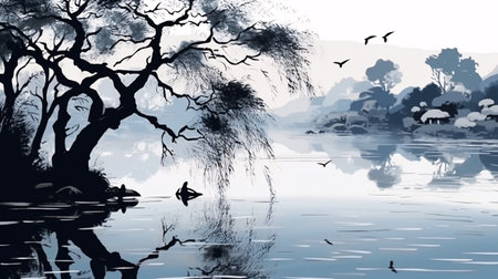 Silhouette of tree and birds on the lake. Vector illustration.の素材