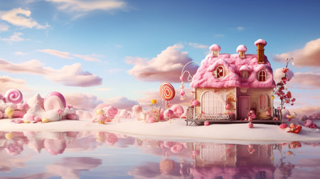 Cute pink house in the winter landscape. 3d illustration.の素材