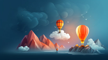 Air balloon flying in the sky with mountains and people. Vector illustration.の素材