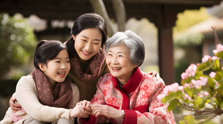 Grandmother and granddaughter spending time together in the garden, asianの素材